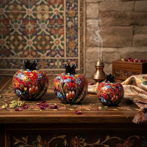 May include: Three decorative ceramic pomegranate sculptures with black crowns, featuring vibrant floral patterns on a red background. They are arranged on a wooden table with carved floral designs, alongside spices and a patterned textile.