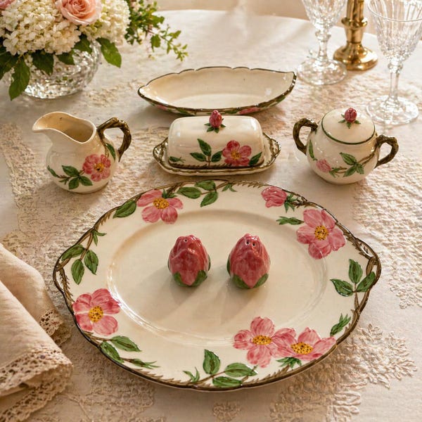 Vintage Franciscan Desert Rose Serving Set | Butter Dish, Creamer, Sugar, Platter | 1940s California