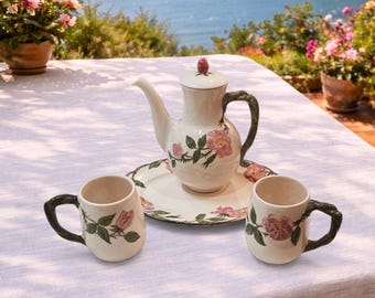 Franciscan desert rose coffee pot, mugs and oval 13in  serving platter 5 pc set
