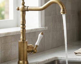 Antique Solid Brass Farmhouse Kitchen Faucet, High Arc Swivel Spout Mixer