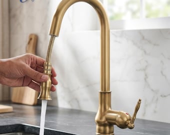 Antique Brass Pull Down Kitchen Faucet, Vintage Gold Sink Tap