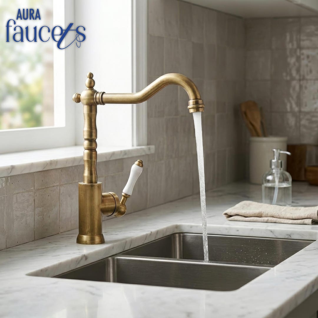 Antique Solid Brass Farmhouse Kitchen Faucet, High Arc Swivel Spout ...