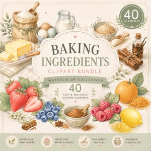 Könnte beinhalten: Eine digitale Sammlung von Backzutaten in Aquarelloptik, darunter ein Mehlsack, Eier, Milch, Butter, Zimtstangen, Erdbeeren, Blaubeeren, Himbeeren, eine Orange und eine Zitrone, mit dem Text BAKING INGREDIENTS CLIPART BUNDLE.