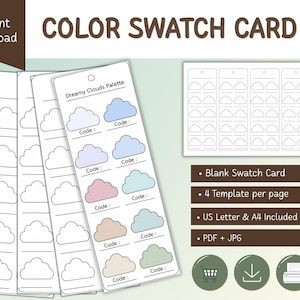 Puede incluir: Una plantilla digital de tarjeta de muestras de color con cuatro tiras verticales con contornos en forma de nube para probar colores. El diseño incluye el texto Dreamy Clouds Palette, espacios en blanco para códigos de color y formatos.
