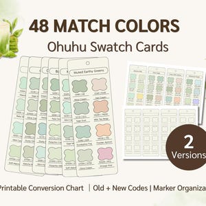 May include: A collection of Ohuhu swatch cards with 48 match colors, featuring a variety of muted earthy greens and other pastel shades. The image includes the text "48 MATCH COLORS" and "Ohuhu Swatch Cards". Also included is a printable conversion chart.
