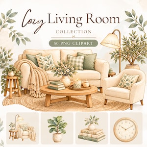 Op de afbeelding: Een aquarelillustratie getiteld Cozy Living Room Collection 50 PNG Clipart met een beige bank, fauteuil, houten salontafel, vloerlamp, potplanten, boeken en een klok, inclusief kussens met groene en crèmekleurige patronen.