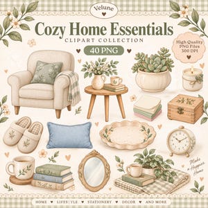 Op de afbeelding: Een digitale clipart-collectie getiteld Cozy Home Essentials met 40 PNG-bestanden. De illustraties bevatten een beige fauteuil, een houten tafel, een vetplant, een kaars, slippers, een blauw kussen, een ovenschaal, een klok, boeken en een spiegel.