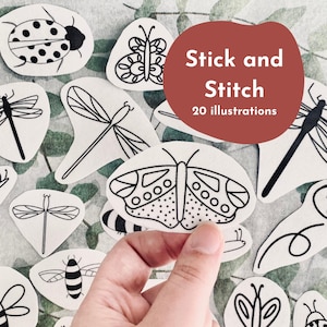 Puede incluir: Un conjunto de parches de tela blanca con dibujos lineales negros de insectos y mariposas. Una mano sostiene un parche. Un círculo rojo con texto blanco dice "Stick and Stitch 20 ilustraciones."