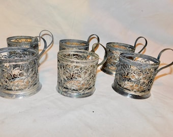 Six Vintage Russian Filigree Tea, Cup Holders, Engraved (4.7.50)