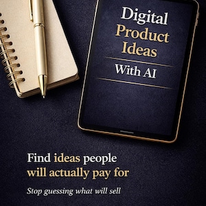 May include: A digital tablet shows the text "Digital Product Ideas With AI" in gold. A gold pen and notebook are on the left. The text "Find ideas people will actually pay for" is at the bottom of the image.