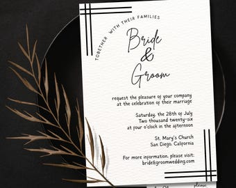 Modern Minimalist Wedding Invitation Suite, Black White Canva Template (Instant Download)