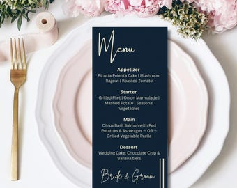 Navy Wedding Menu Template, Canva Editable Elegant Dark Blue Reception Menu Printable 4x9