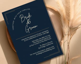 Navy Gold Elegant Wedding Invitation Template, Modern Script Canva Suite (Digital Download)