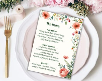 Whimsical Garden Wedding Menu Template, Canva Editable Floral Dinner Menu Card