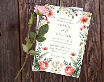 Whimsical Garden Wedding Invitation Template, Canva Editable Floral Invite Suite