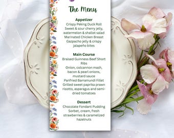 Wildflower Wedding Menu Template, Canva Editable Floral Dinner Menu Card
