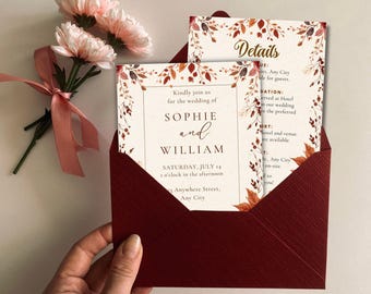 Rustic Fall Wedding Invitation Template, Burnt Orange Floral, Editable Canva Suite (Digital Download)