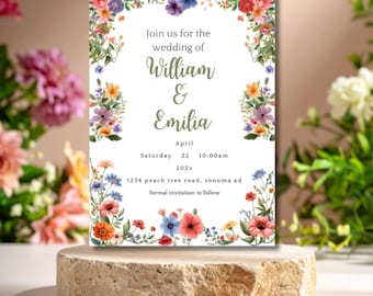 Wildflower Wedding Invitation Template, Canva Editable Floral Invite Suite