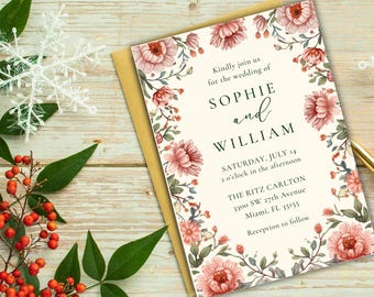 Delicate Floral Wedding Invitation Template, Canva Editable Blush Peony Invite Suite,