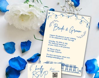Whimsical Blue Wedding Invitation Suite, Hand Drawn Template (Digital Download)
