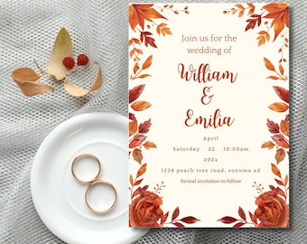 Autumn Leaves Wedding Invitation Template, Rustic Boho Burnt Orange Floral (Digital Download)