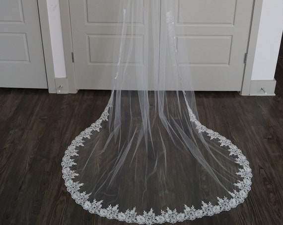 Cathedral lace veil, Wedding veil, bridal veil, wedding veil ivory, wedding veil lace trim, Chapel lace veil
