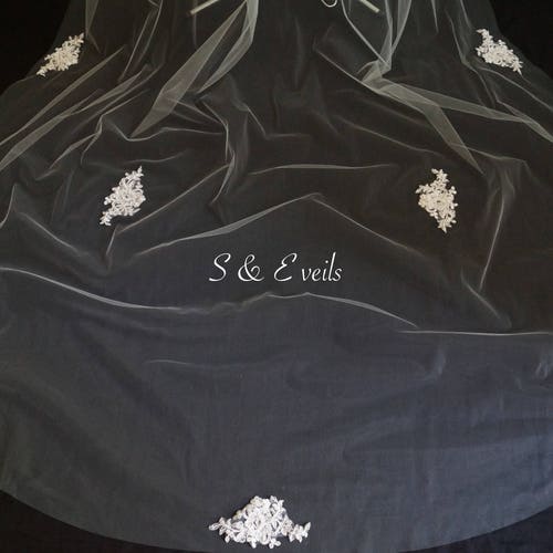 Scattered Lace Cathedral Veil, 1 tier cathedral scattered floral lace wedding veil, ivory lace cathedral veil,chapel lace shops veil