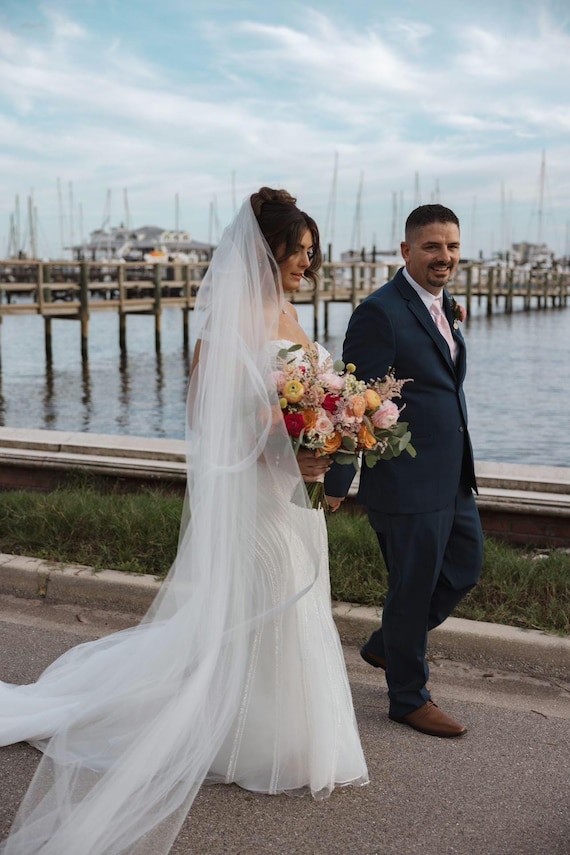 Velo de novia largo de tul transparente con ribete de crin, de dos