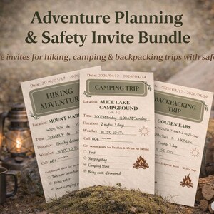 Può includere: Un pacchetto di pianificazione di avventure all'aperto e di inviti di sicurezza. L'immagine mostra tre modelli di invito per escursioni, campeggio e viaggi con lo zaino in spalla. I modelli includono dettagli come la posizione, l'ora e il tempo.
