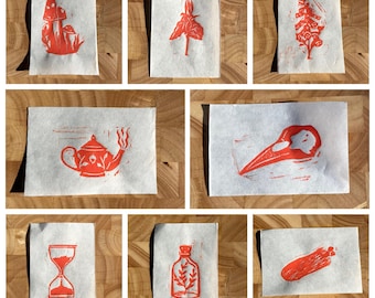 Paquete de láminas pequeñas estilo Cottagecore - Impresión en linóleo estampada a mano