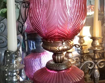 Vintage Fenton "Beauty" Large Cranberry Glass GWTW 3-Way Parlor Hurricane Lamp, MINT