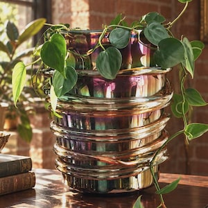 May include: A stack of four iridescent glass bowls with a swirling, rippled texture. The bowls feature a metallic, multi-colored finish that shifts between shades of purple, green, and gold. A trailing green vine plant grows from the top bowl.