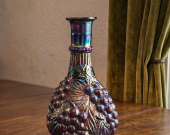Antique 1910s Imperial Grape Carnival Glass Wine Carafe Decanter: Iridescent Electric Amethyst Gold