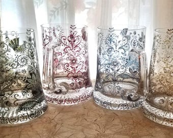 Nachtmann Vintage Bavaria Germany Hand-Enameled Glass Beer Mugs Steins, Set of 4