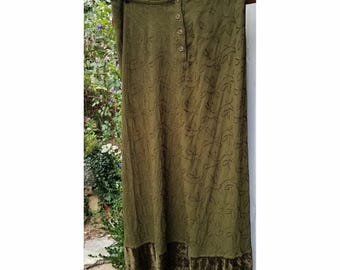 Johnny Was Olive Green Embroidered Maxi Skirt with Velvet Trim, Size Small