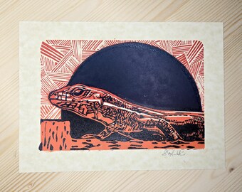 Five Line / Handprinted Linocut / Lizard print / 5.5" x 7.5"