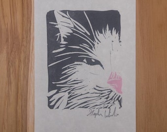 Nose / Handprinted Linocut / Cat print / 5.5" x 4"