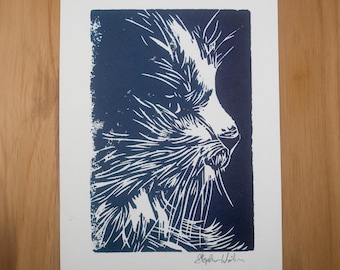 Fredfyldt / Handprinted Linocut / Cat print / 5.5" x 7.5"
