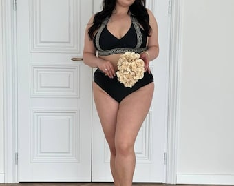 Plus Size Black Bikini, High Waist Swimwear, Elegant Contrast Details, Beachwear