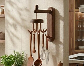 Rustic Walnut Rotating Rack Solid Organizer for Kitchen Utensils and Bathroom Towel