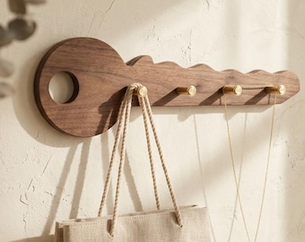 Key Shaped Wood Coat Rack, Walnut Maple, Gold Brass Hooks, Entryway Organizer