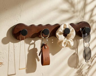 Oak Wood Suction Cup Row Hooks Minimalist Damage-Free Wall Organizer