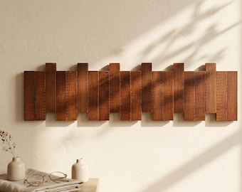 Solid Walnut Wood Piano Key Coat Rack Wall Mounted Wooden Hanger, Modern Entryway Organizer