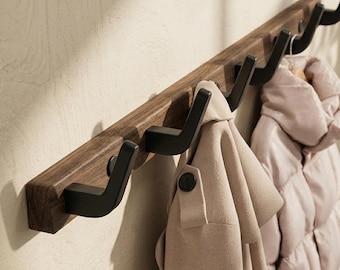 Solid Black Walnut Wall Hook Rack, Minimalist Wood Coat Hanger, No-Drill Entryway Organizer