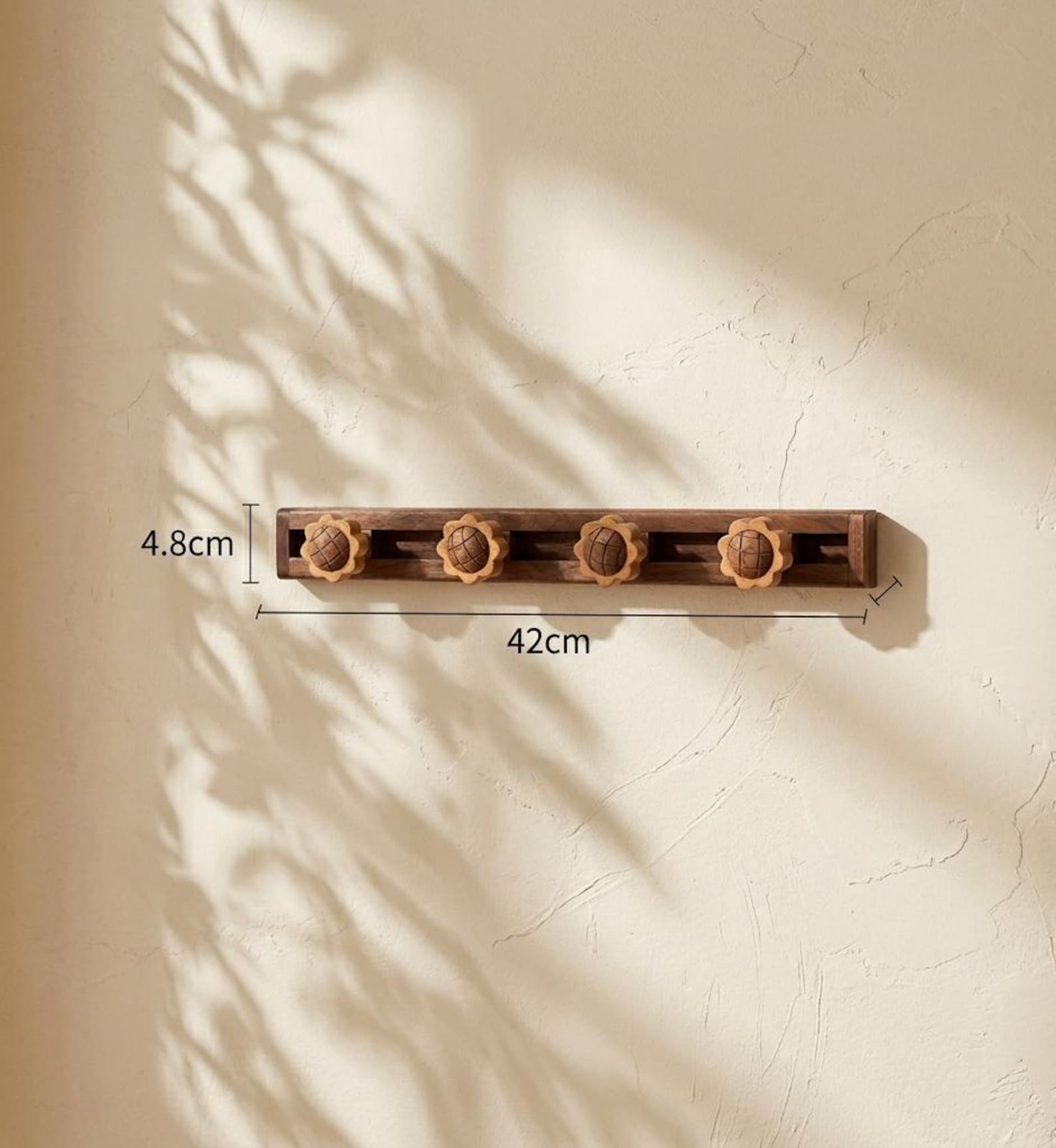 Handcrafted Japandi Sunflower Wood Wall Rack - 42 cm - 4 hooks