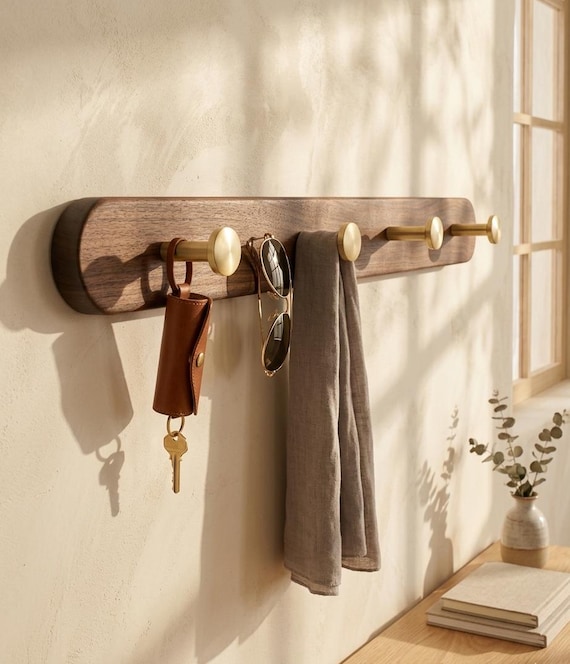 Solid Wood Wall Hook & Brass Wall-Mounted Coat Rack  Modern Minimalist Entryway Organizer
