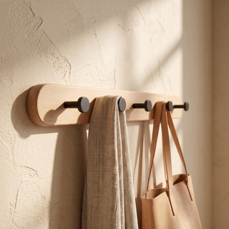 Wieszak ścienny z litego drewna i mosiężnego wieszaka na ubrania, nowoczesny minimalistyczny organizer do przedpokoju Beechwood,BlackHooks