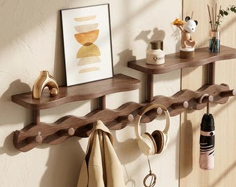 Walnut Wave Coat Rack with Floating Shelf  Mid-Century Modern Entryway Hooks