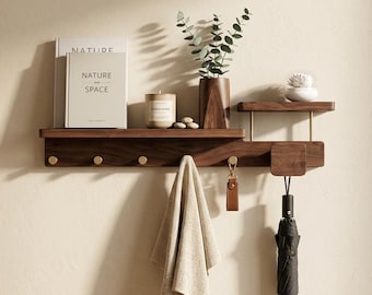 Solid Walnut Coat Rack Shelf, Brass Hooks, Floating Wood Organizer, Mudroom Decor