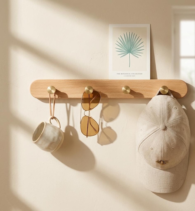 Może przedstawiać: Wieszak ścienny z jasnego drewna z czterema okrągłymi mosiężnymi haczykami. Na haczykach zawieszony jest ceramiczny kubek ze sk&oacute;rzanym paskiem, okulary przeciwsłoneczne w złotej oprawce oraz beżowa czapka z daszkiem. Nad wieszakiem znajduje się karta.